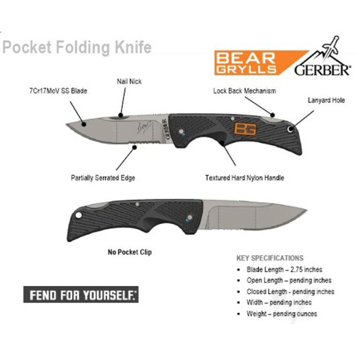 Складной нож Gerber Bear Grylls Compact Scout Knife, серрейторное, блистер, 31-000760